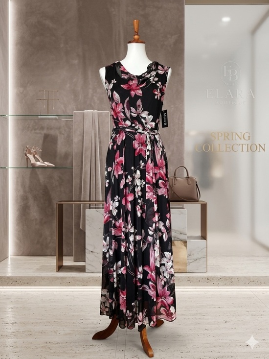 Alexa B. Nites Dresses & Skirts - Alexa B. Nites Floral Mesh Maxi Dress Black Pink Petite 6P NWT